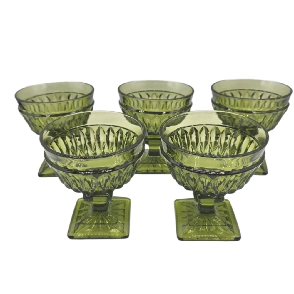 Vintage Indiana Glass Mt Vernon Pattern Sherbert Bowl avocado olive green 5 EA
